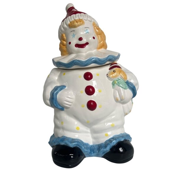 Vtg Ceramic Blond Clown Cookie Jar Red HatPolka Dot Outfit Stars Puppy Thailan